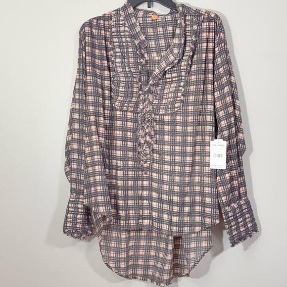 Plaid Ruffle Smocked Tunic Free People FP One Beige Blue Red Blouse S/P - Picture 2 of 10